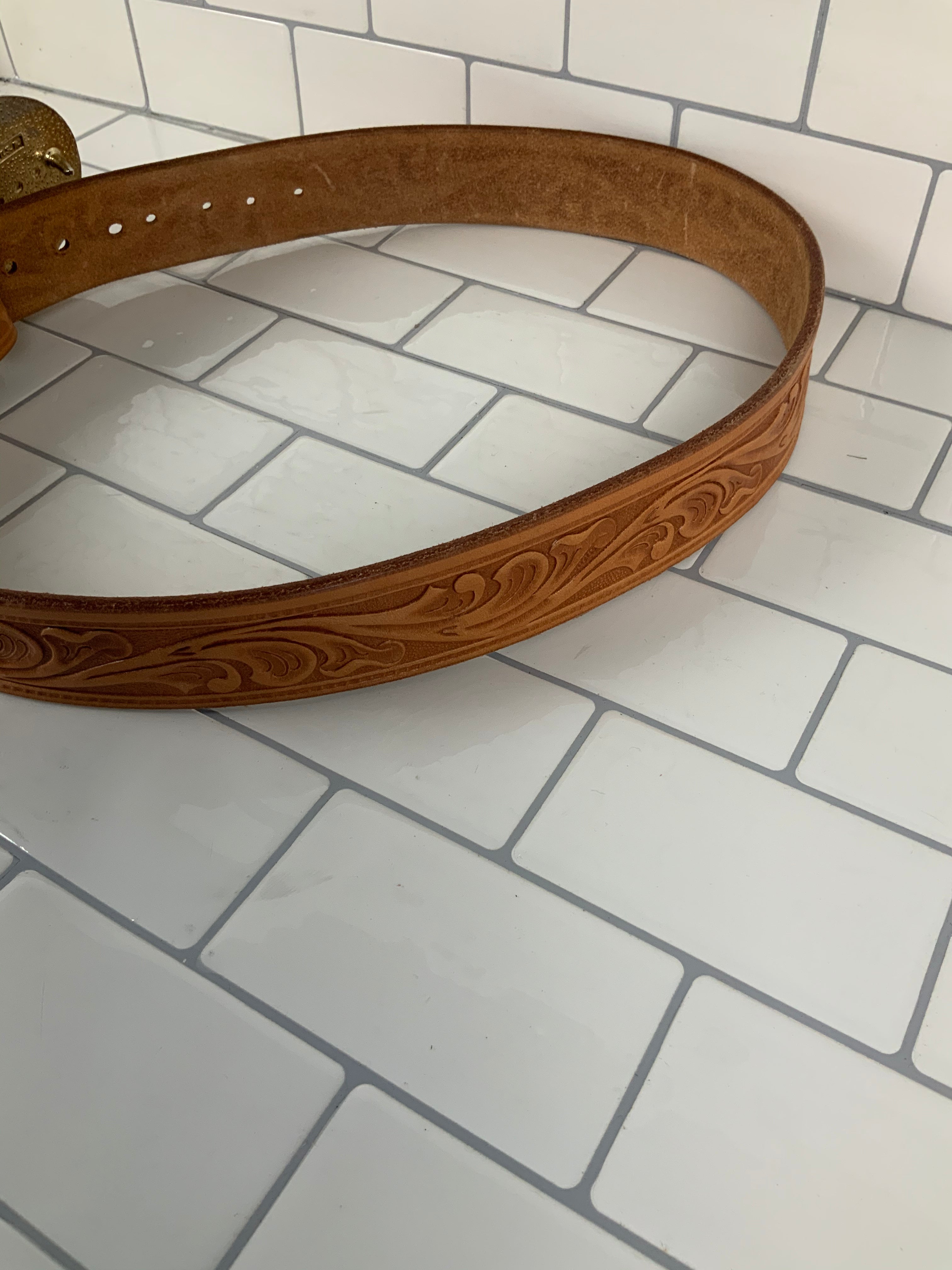 Tooled Leather Belt and Hourse Buckle Gold and Silver (6930387992759)